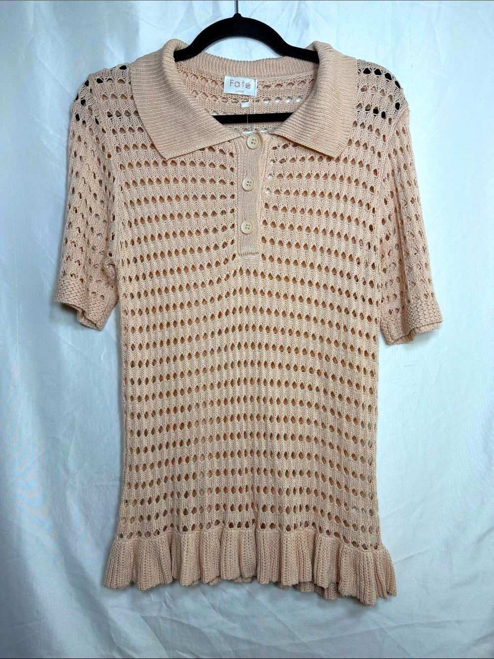 Fate NWT Crochet Knit Polo Top Pink Blush Ruffle Hem Coquette L